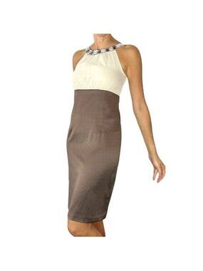 New Y2K Brown Satin Beige Chiffon Beaded Neckline Sleeveless Sheath Dress.